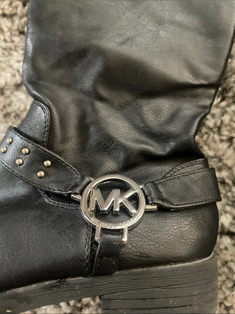 Michael Kors Black Faux Leather Mid-Calf Studded Harness Boots with MK Logo